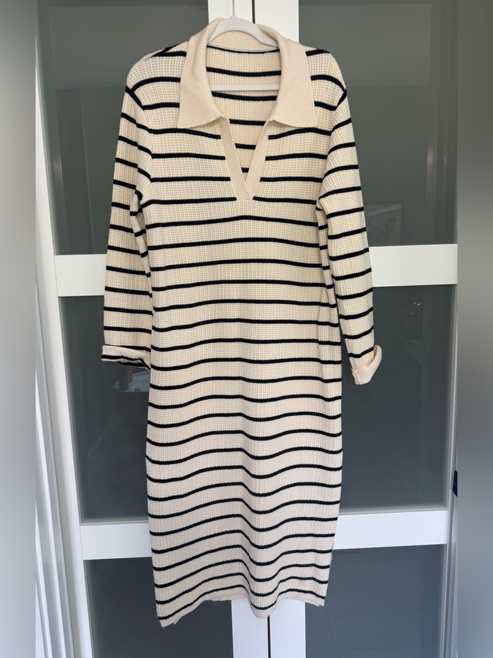 Cream and Black Striped Collared Knit Dress